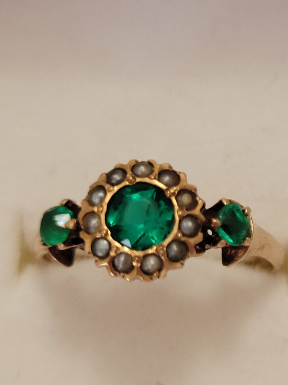 Victorian Emerald Green Stones Pearls 10k Gold Vintage Ring May June Birthstones - Picture 5 of 16